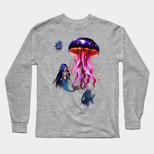 Cute mermaid looks at the beautiful jellyfish. Long Sleeve T-Shirt